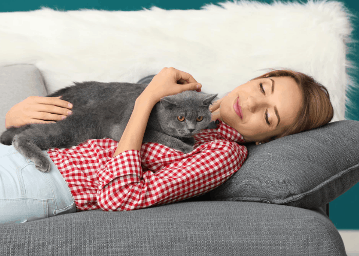 cat lying on top of owner's bosom in the couch