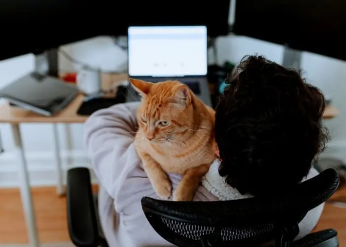 man holding a cat while on his computer