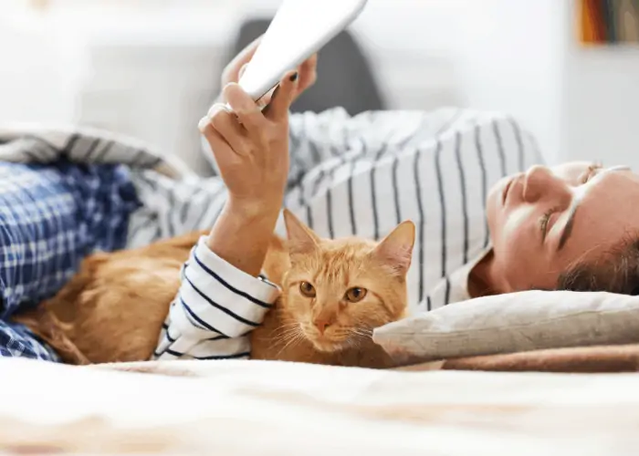 cat and lady owner in bed