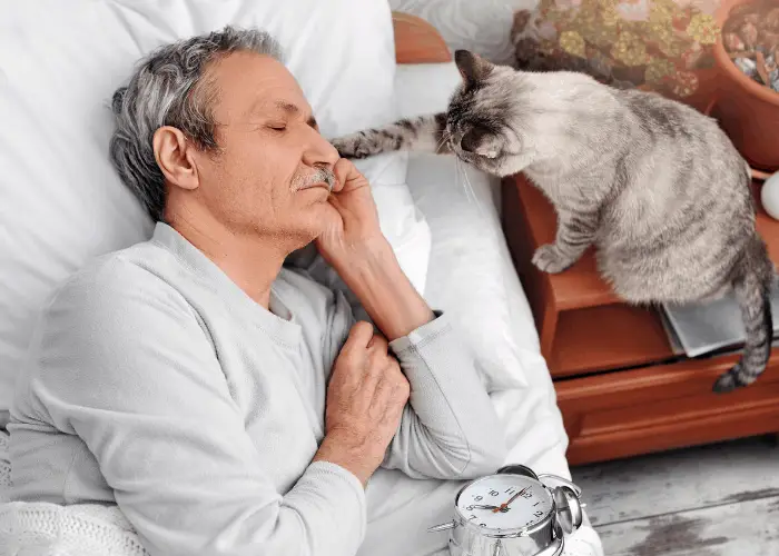 cat touching sleeping owner's left ear 