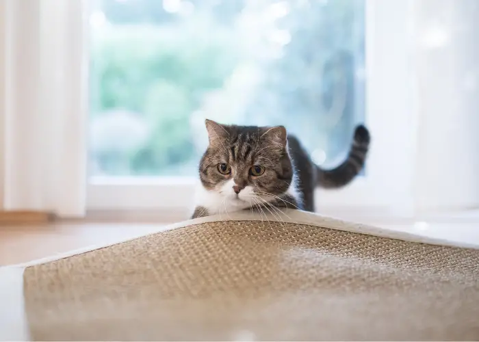 a cat looking at something with body covered with carpet