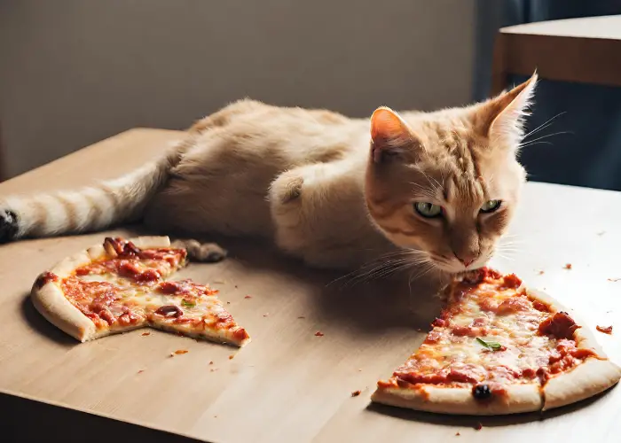 a cat almost eaten the whole pizza