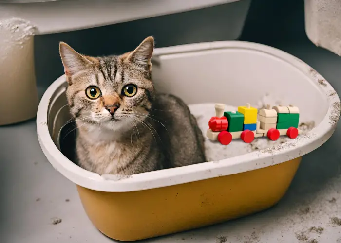 a cat and a wooden train toy in a litterbox