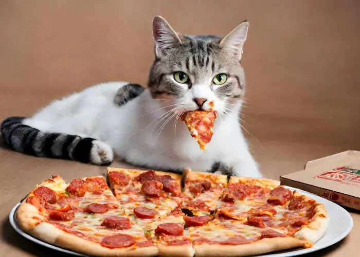 a cat with a slice of pizza in its mouth