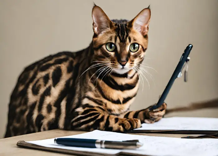 bengal cat holding a pen