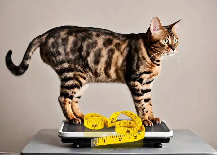 bengal cat on a weighing scale with measuring tape