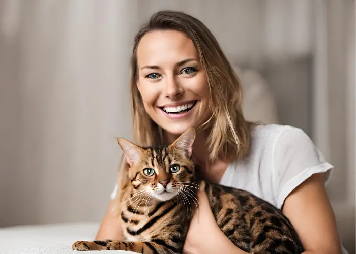bengal cat with its happy female owner