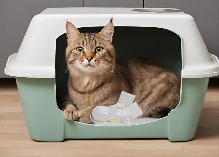 cat in a litterbox with a pair of socks
