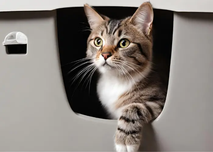 cat peeking out of a litterbox