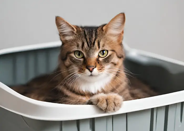 cat resting in a litterbox