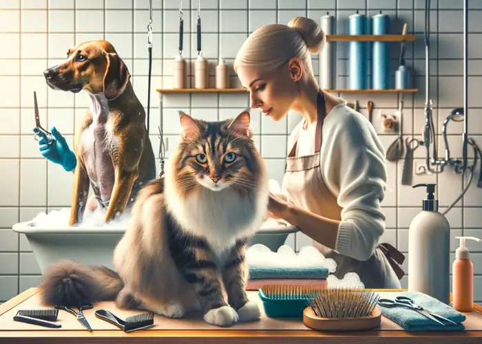 a cat and a dog during a grooming session