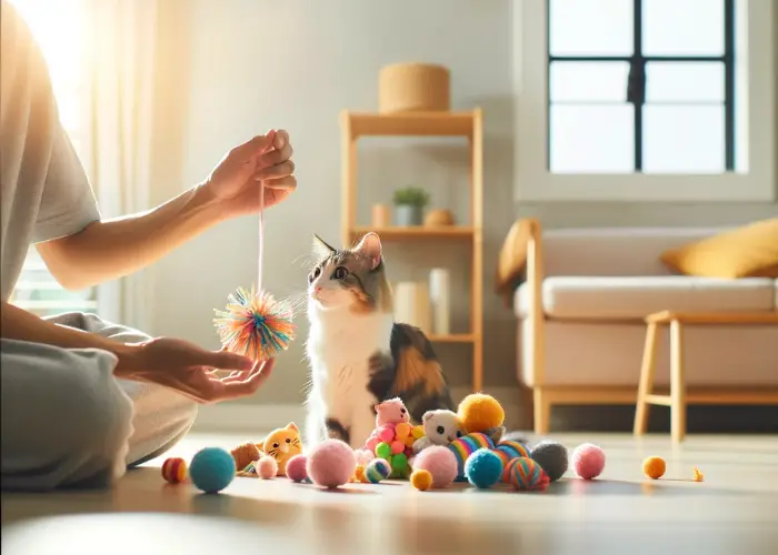 a cat owner giving its cat colorful toys
