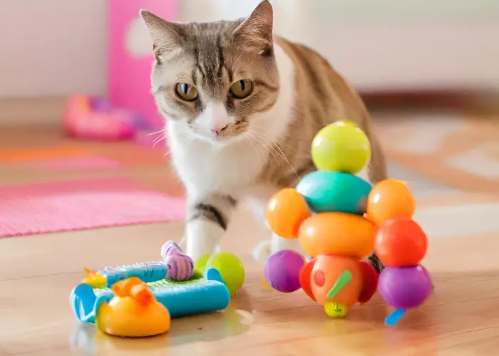 a cat playing colorful toys
