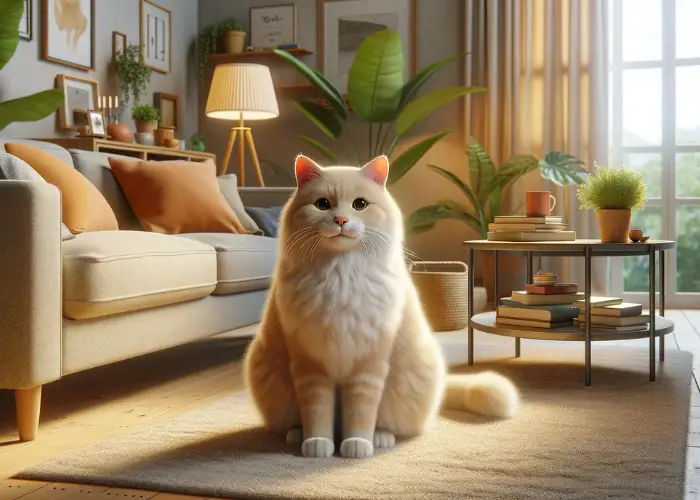 a cream-colored cat in a typical household environment.