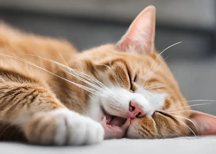 a ginger cat sleeping with its tongue slightly out