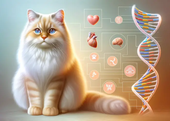 a vibrant cream-colored cat alongside a DNA double helix and icons representing various health aspects