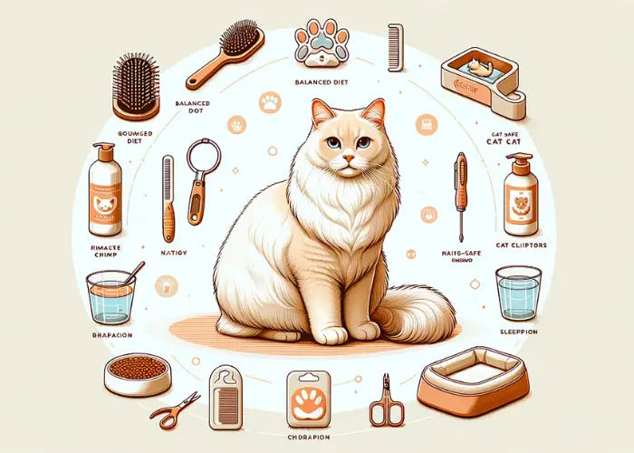 a well-groomed cat surrounded by various grooming tools and symbols of proper care