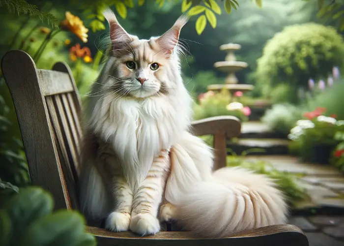 cream-colored main coon cat sitting on the chair in the garden