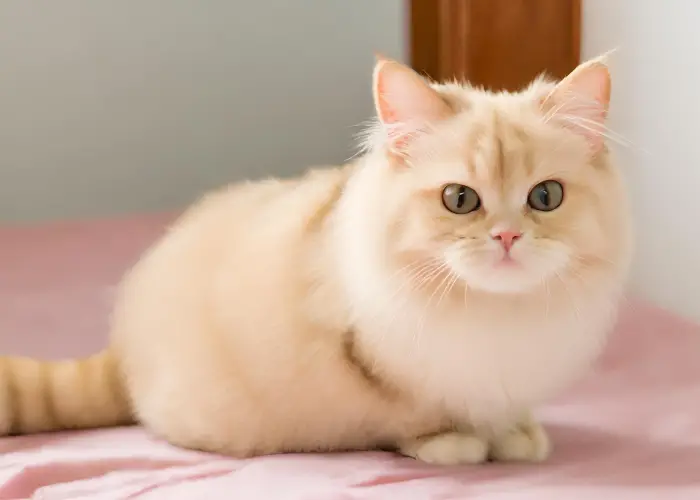 cream-colored munchkin cat on the bed