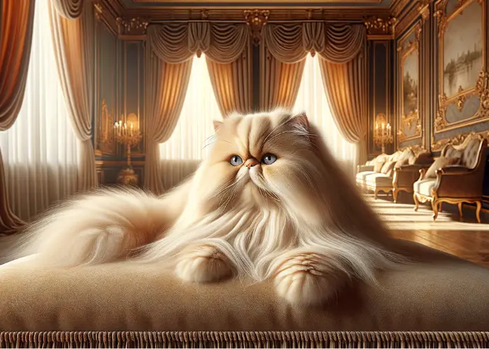 image of a cream-colored Persian cat, looking relaxed and regal in a luxurious setting