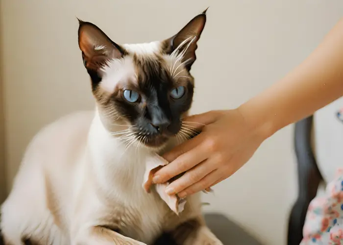 cute siamese cat being cleaned by owner