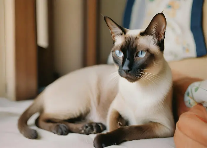 siamese cat on the bed with its owner